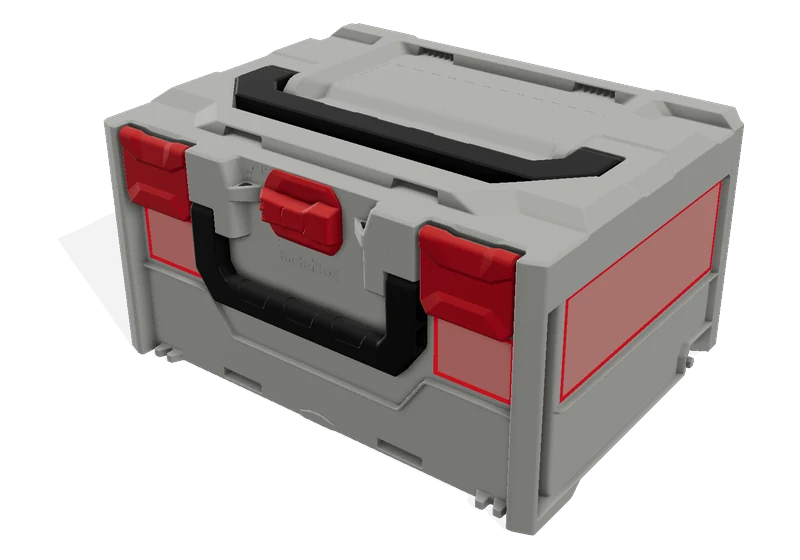A metaBOX case with the label fields on its front and side marked in red