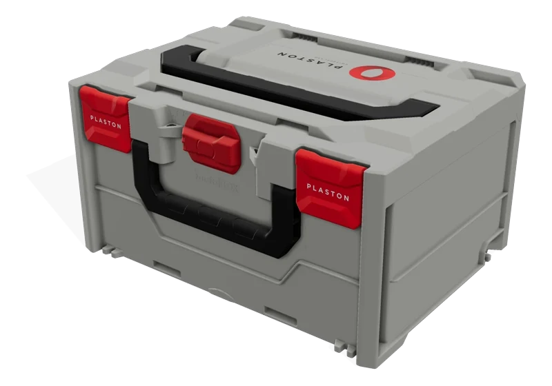 A metaBOX case with a logo printed on the lid and on the latches