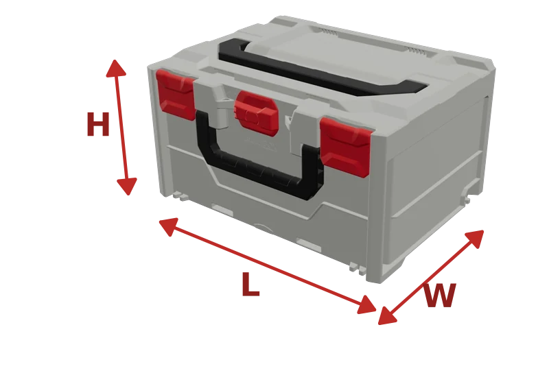 A metaBOX case with its length, width and height called out